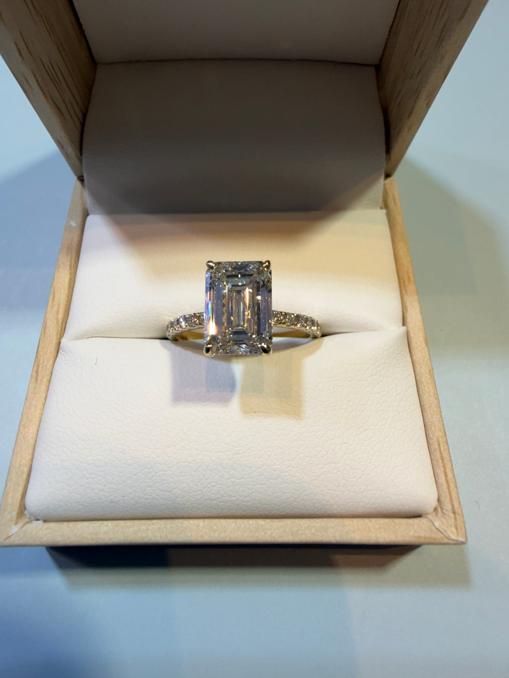 3 Carat Emerald shape lab Diamond engagement ring igi certified 14k yellow gold + hidden halo